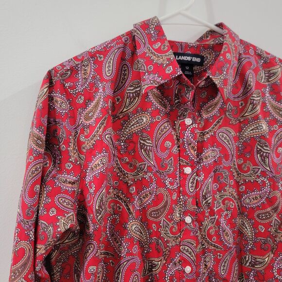 Lands End Womens Button Up Top Size 12 Paisley Red Supima Cotton - Picture 2 of 7